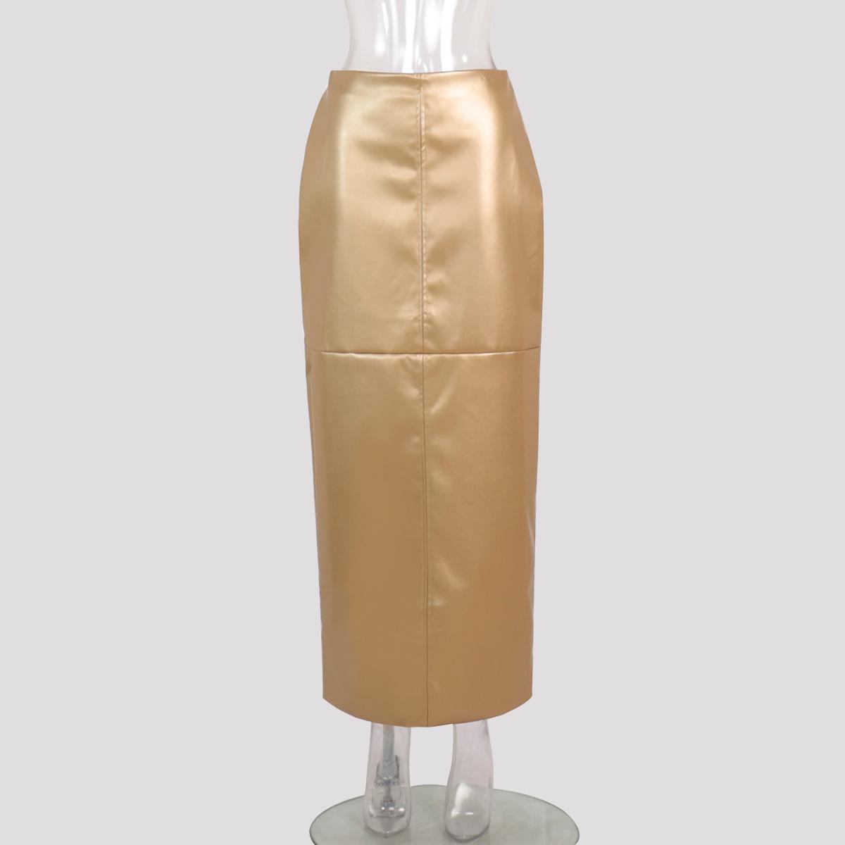 

GMXIA Жіноча спідниця до половини тіла з штучної шкіри Весняна спідниця до половини тіла з глянсовою металевою шкірою з обтягуванням стегон S золотий