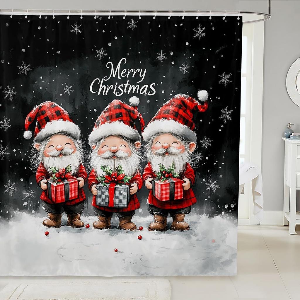 Christmas Happy Santa Claus Shower Curtain Red Xmas Decorations Fabric Shower Curtain,White Snowflake Bathroom Shower Curtain