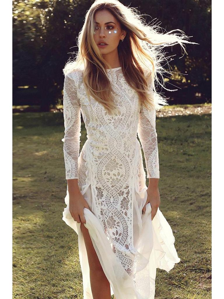 2025 Spring European & American Women's Celebrity Banquet Wedding Dress - Round Neck, Long Sleeve, Printed, Backless Lace