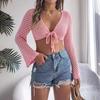 GMXIA Summer Hollowed-out Striped Tie Long-sleeved Crop Top Knitted Cardigan for Women with Sun Protection