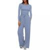 2026 Spring New Athletic Set Women Casual Long Sleeve Top High Waist Wide Leg Pants 2 Piece Outfit