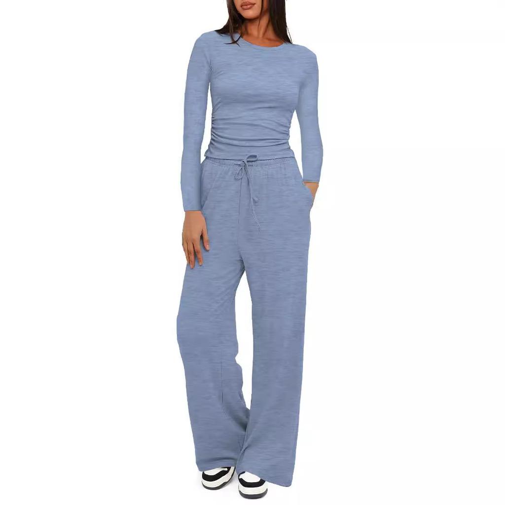 2026 Spring New Athletic Set Women Casual Long Sleeve Top High Waist Wide Leg Pants 2 Piece Outfit