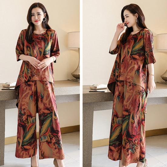 2Pcs/Set O-Neck Half Sleeve Casual Outfit High Low Hem Elastic Waistband Pockets Women Retro Pattern Long Top Wide Leg Pants Set Streetwear