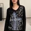 Y2K Gotický černý potištěný dámský retro jarní top s výstřihem do V a dlouhým rukávem, zeštíhlující pas