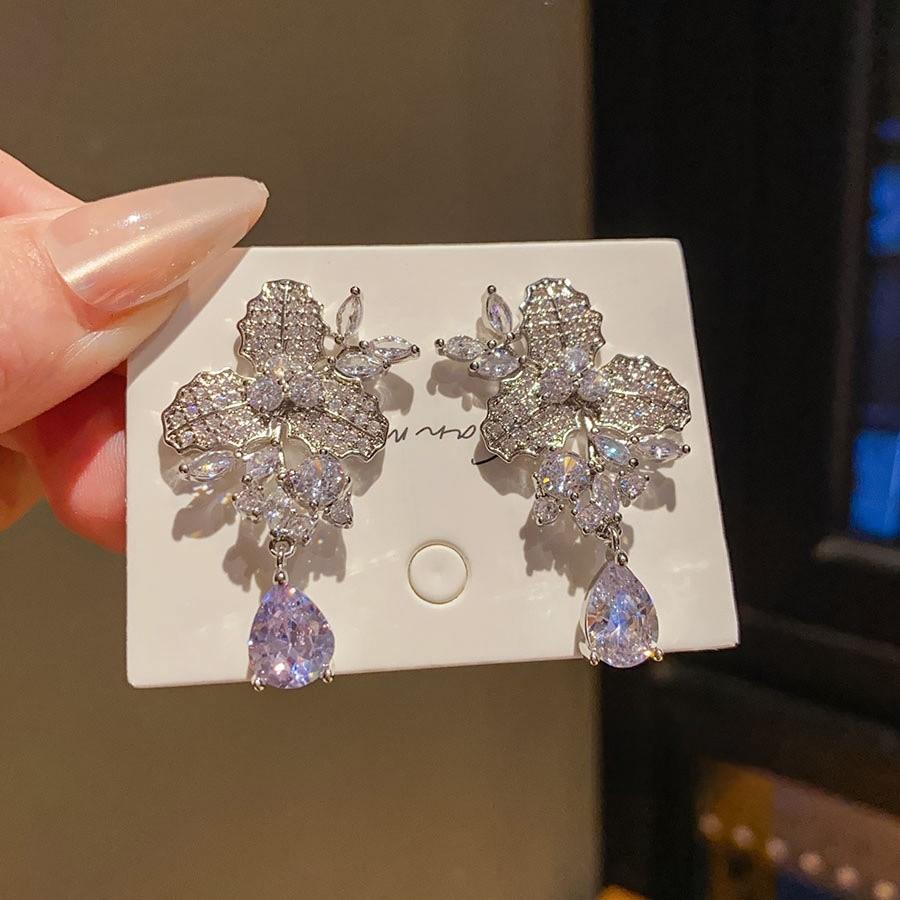 Silver Needle Zircon Water Drop Flower Earrings For Women Stylish Office Jewelry