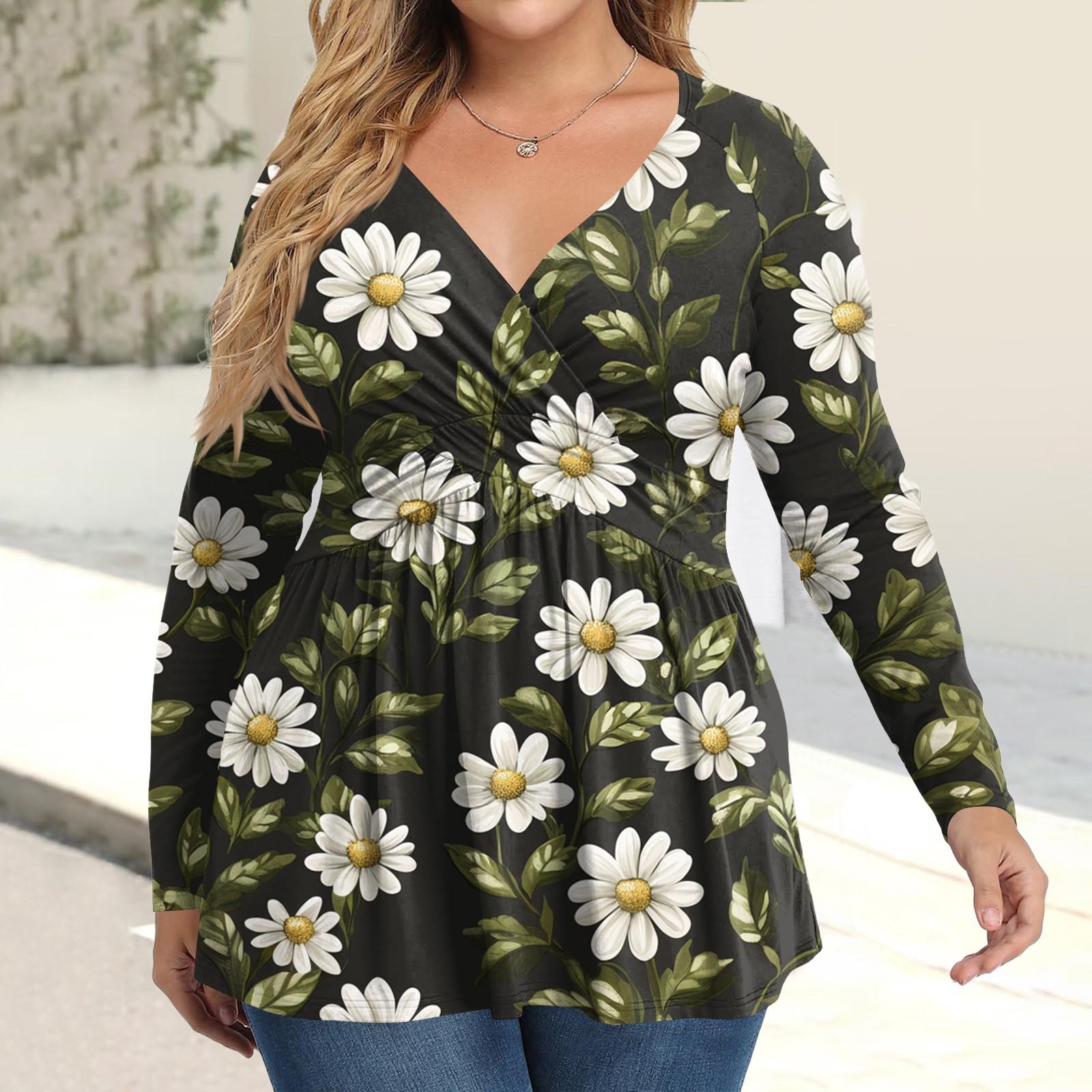 

Women s Plus Size Shirt Long Sleeve Print Top Pleated Casual V-Neck Top L армія зелений колір