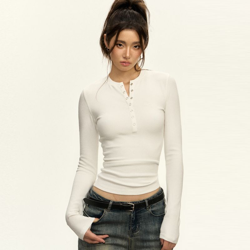 

Ariseism American Retro Henry Collar Long Sleeves T-shirt White S