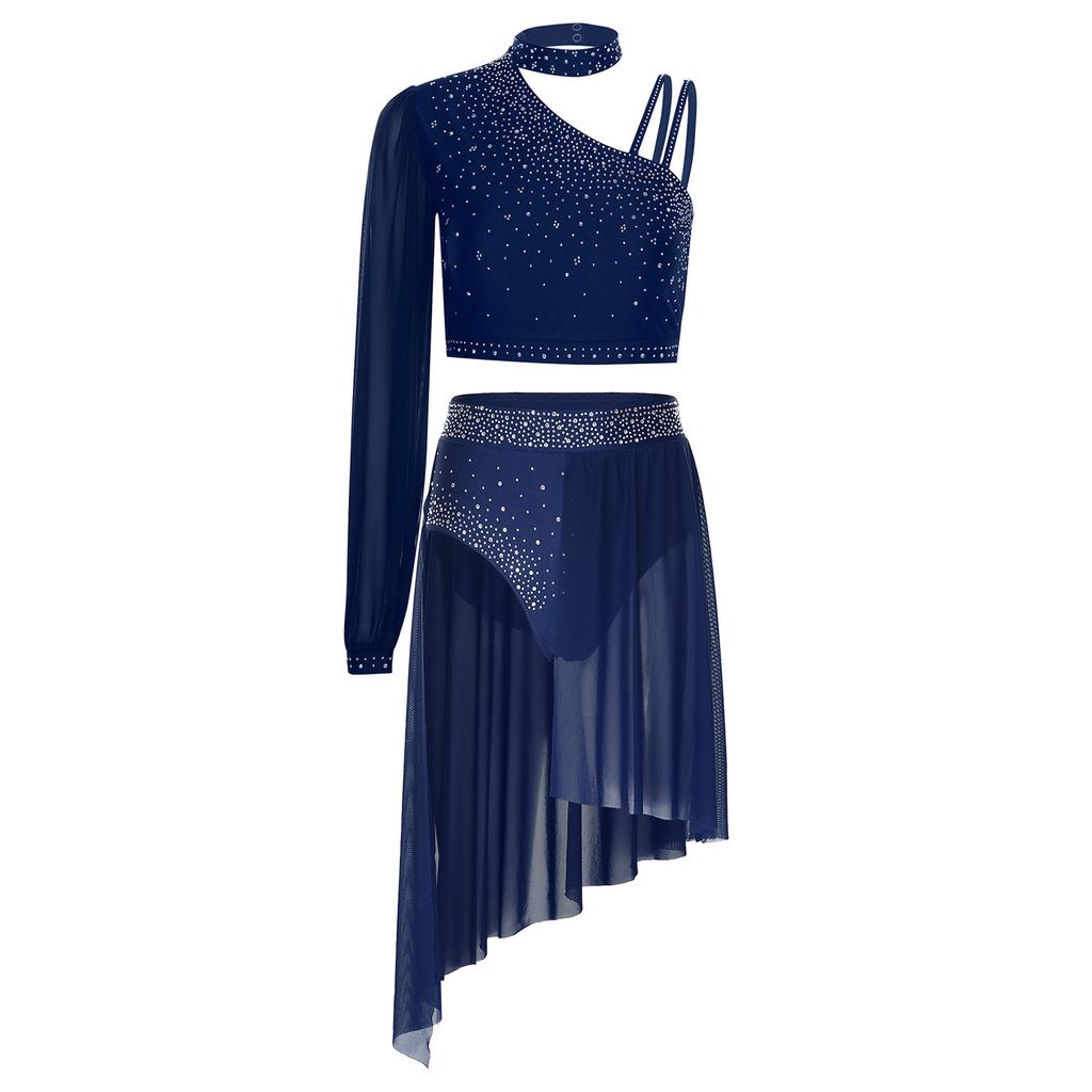 Dames Lyrische Dans Outfit Glanzend Strass Asymmetrische Crop Top Hoge Taille Slipje Korte Broek Chiffon Rok Kostuum