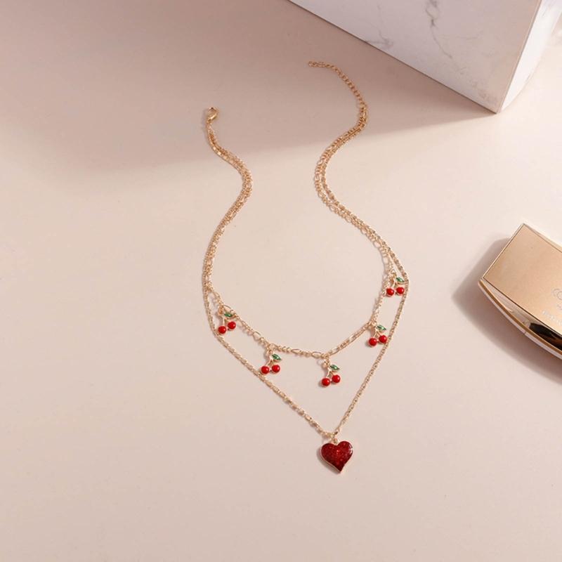 Trendy INS Style Neck Chain Jewelry Sweet Cool Double Layer Necklace with Lovely Cherry/Grape and Heart Pendant Charm