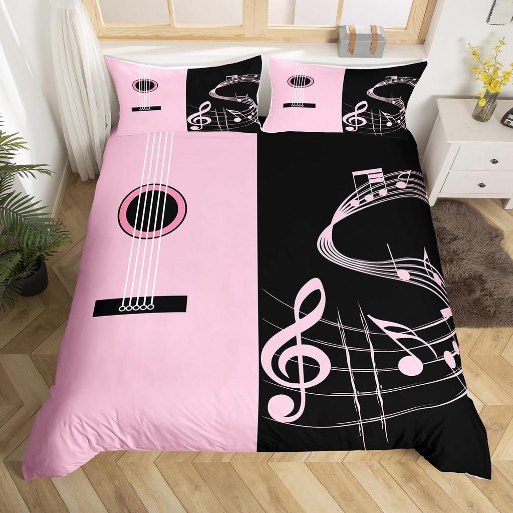 Musical Note Bedding Set Queen,Black White Comforter Cover Girls,Kids Piano Duvet Cover Set Music Theme Bedspread Cover