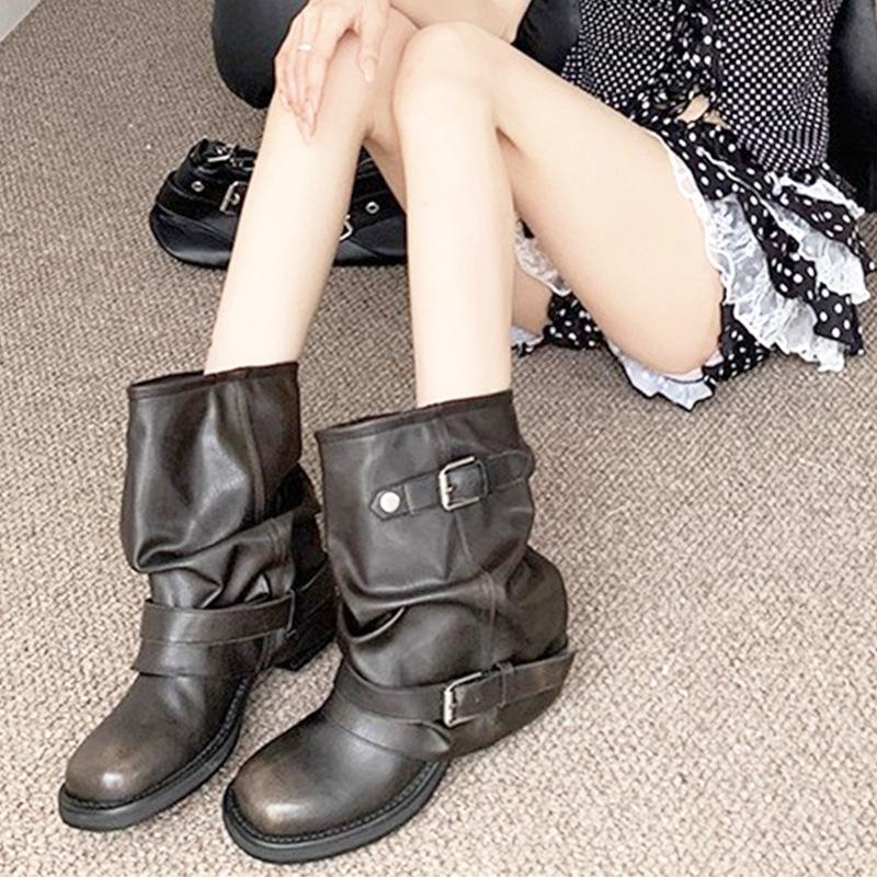 Autumn New Versatile Western Cowboy Boots Women's Pleated Stacked Martin Boots Retro Fashion Thick Heel Lolita