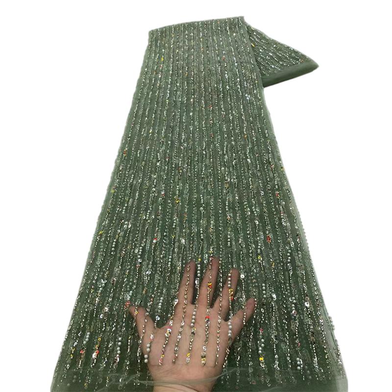 1 Yards African Luxury Beaded Tulle Lace Fabric Nigerian Handmade Heavy Sequin Lace Fabric For Diy Wedding Party Dresses