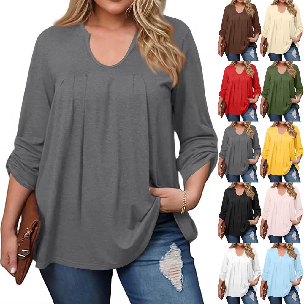 Dámská móda plus size Jednobarevný ležérní plisovaný top s kulatým výstřihem a dlouhým rukávem