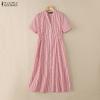 ZANZEA S-5XL Women V-Neck Short Sleeve Loose Casual Striped Shirts Dress