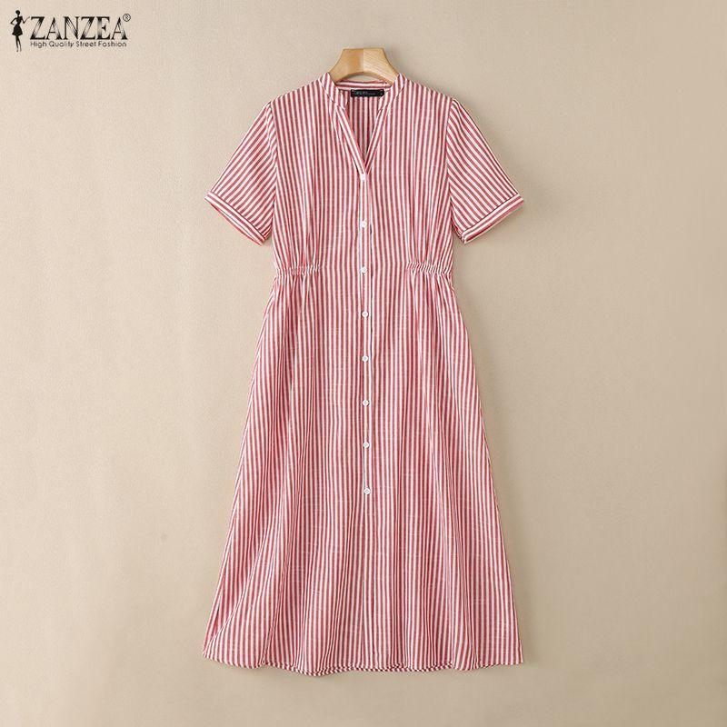 ZANZEA S-5XL Women V-Neck Short Sleeve Loose Casual Striped Shirts Dress