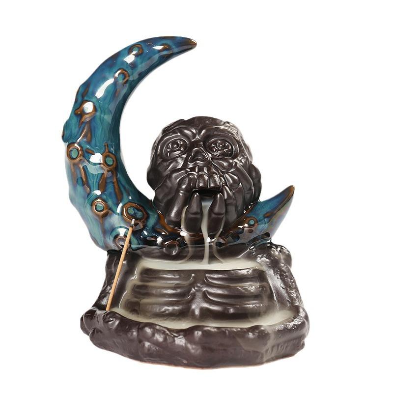 1pc Ceramic Backflow Incense Burner, Creative Moon and Halloween Skull Head Backflow Incense Holder Home Decor (Without Incense)