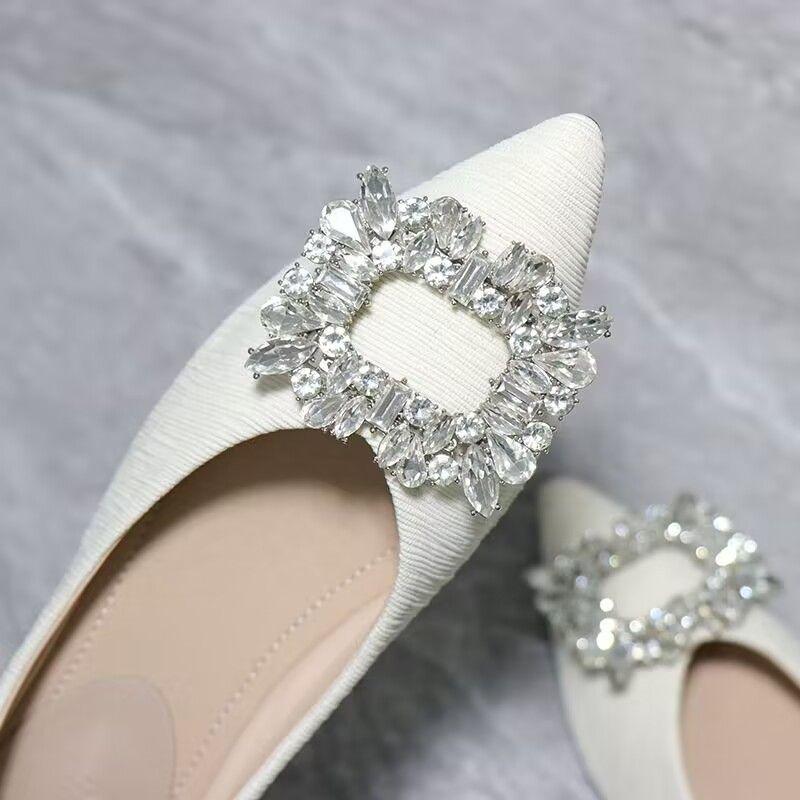shallow rhinestone square buckle single shoes spring and autumn low heel fashion pointed work shoes women's flats