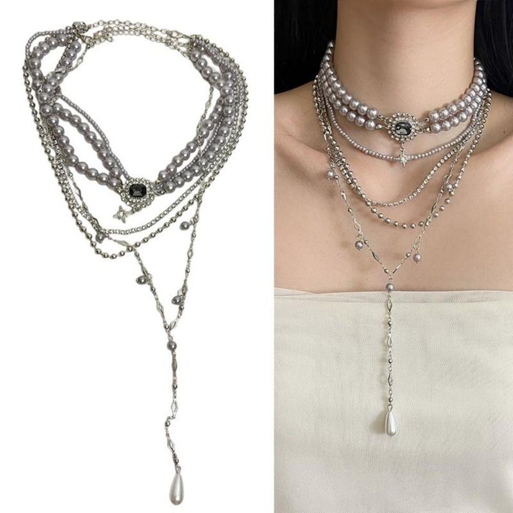 Stars Pendant Multi-Layer Pearls Necklace Multilayer Stacked Cross Sweater Chain  Daily Wear