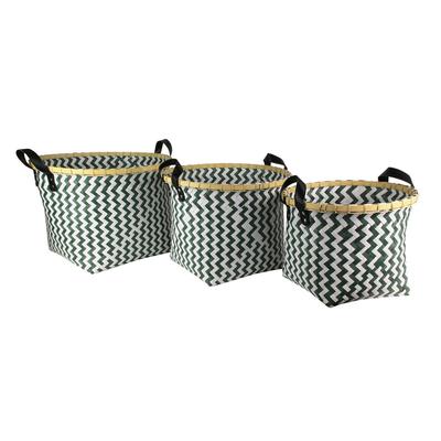 [R2475] - Set of 3 Green White 'Boho' Woven Baskets - 43. 5x43. 5x36cm