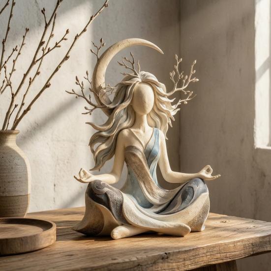 Accenti Minimalisti per Interni Statua in Resina Dea della Luna Meditazione, Statuetta Yoga Zen, Elegante Ornamento Unico in Argilla per Scrivania per la Casa