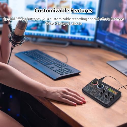 Btuty Soundboard Audio Mixer Live Sound Card with Dynamic LED Colorful Lights, BT Wireless, Plug and Play, One-Click Noise Reduction, Rechargeable for
