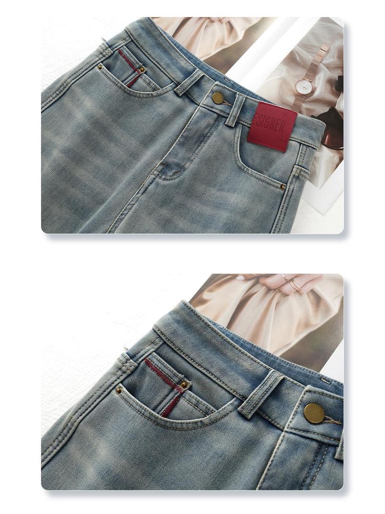 Women's Retro High-Waisted Light Blue Fleece-Lined Jeans for Autumn/Winter 2024 - Narrow, Wide, or Straight-Leg Styles.