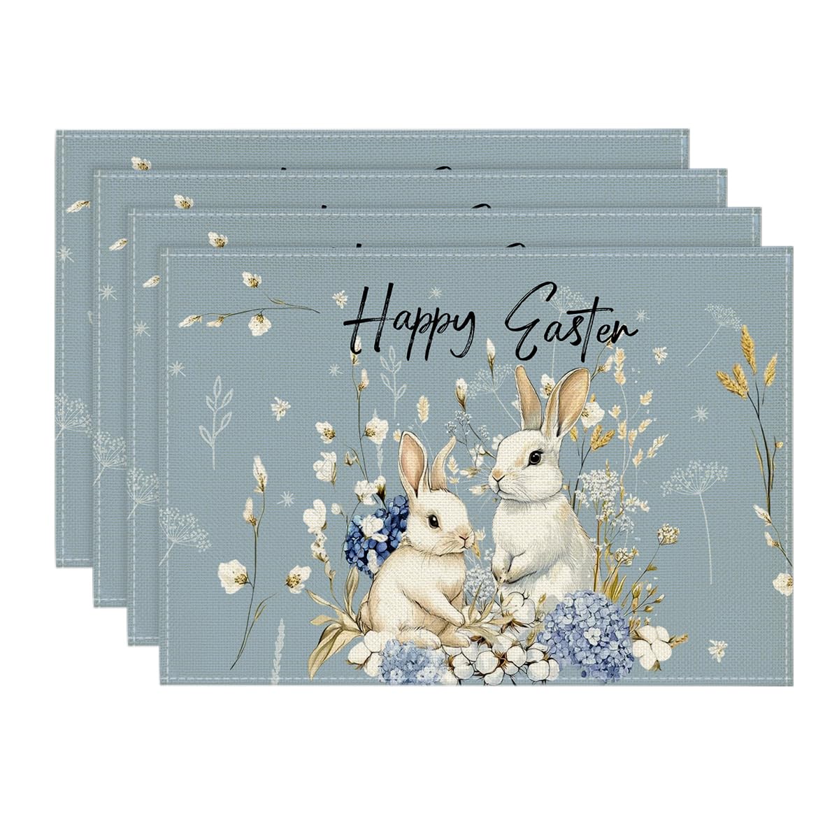 

Bunny Rabbits Hydrangea Happy Easter Placemats Set of 4, 12x18 Inch Seasonal Spring Table Mats for Party Kitchen Dining Decoration 12 x 18 , Rectangular 4 Pcs