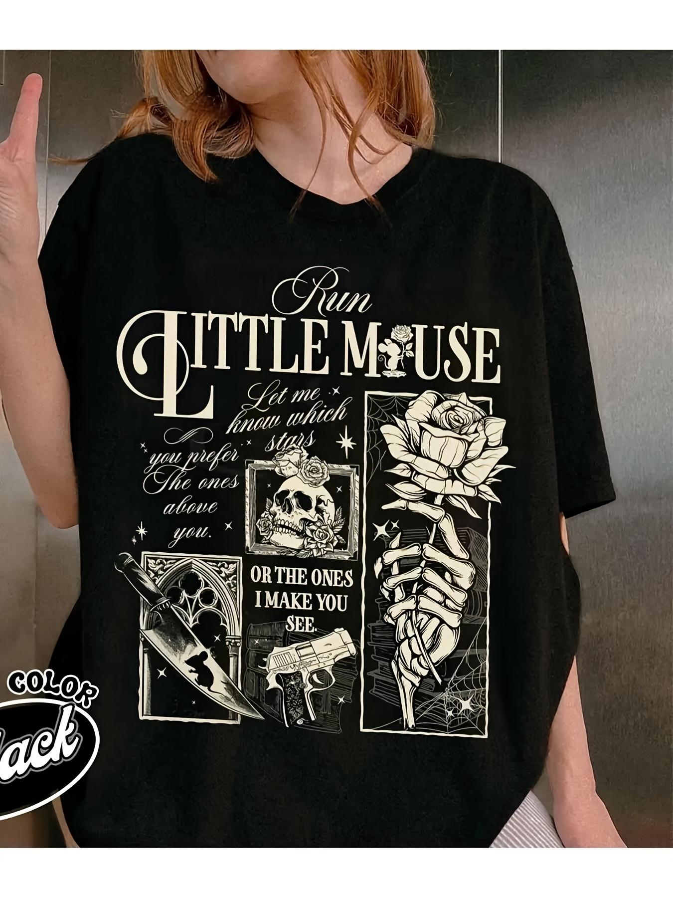 

2026 Summer Hot Selling Run Little Mouse with Skull and Rose Print Pattern Womens Round Neck Short Sleeved Tshirt S