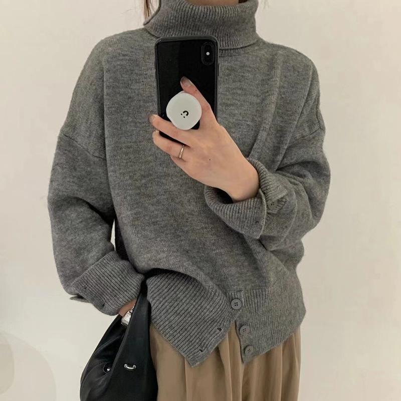High-necked pullover sweater for women's autumn and winter new loose soft waxy lazy style long-sleeved knitted sweater top for women