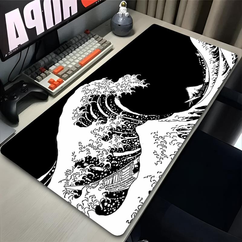 1pc Mouse Pads Hd Print Extended Desk Mat Gaming Huge Waves Keyboard Pad Nonslip Rubber Base Extended Black And White Mousepad