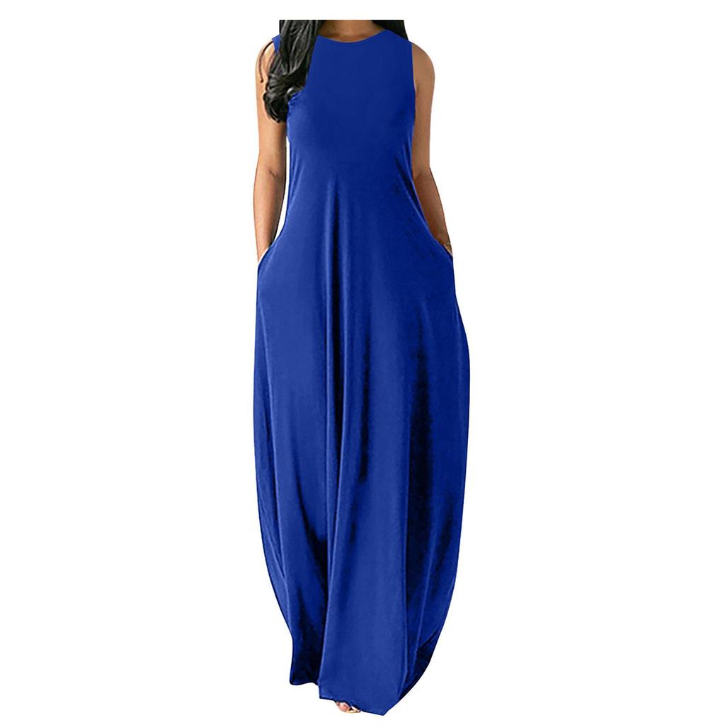 Plus Size Women’s Solid Color Round Neck Pocket Maxi Dress – Short Sleeve, Loose Fit