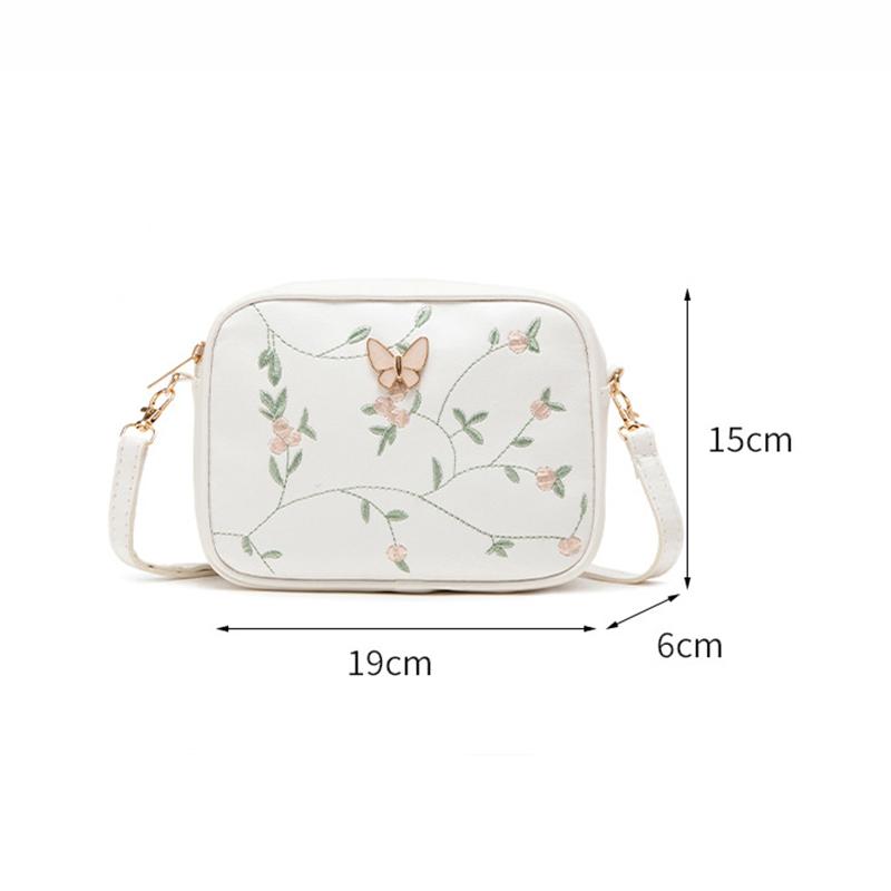 Embroidered Flower Bow Camera Bag Simple Women's Casual Small Square Bag PU Leather Shoulder Crossbody Bag AVE