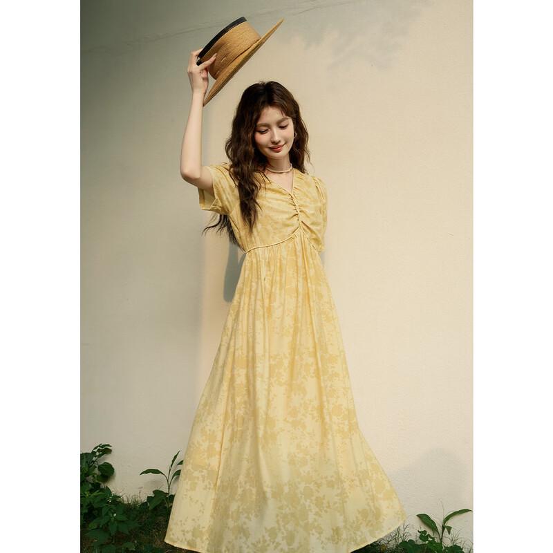 Elegant French Style V-Neck Floral Long Dress