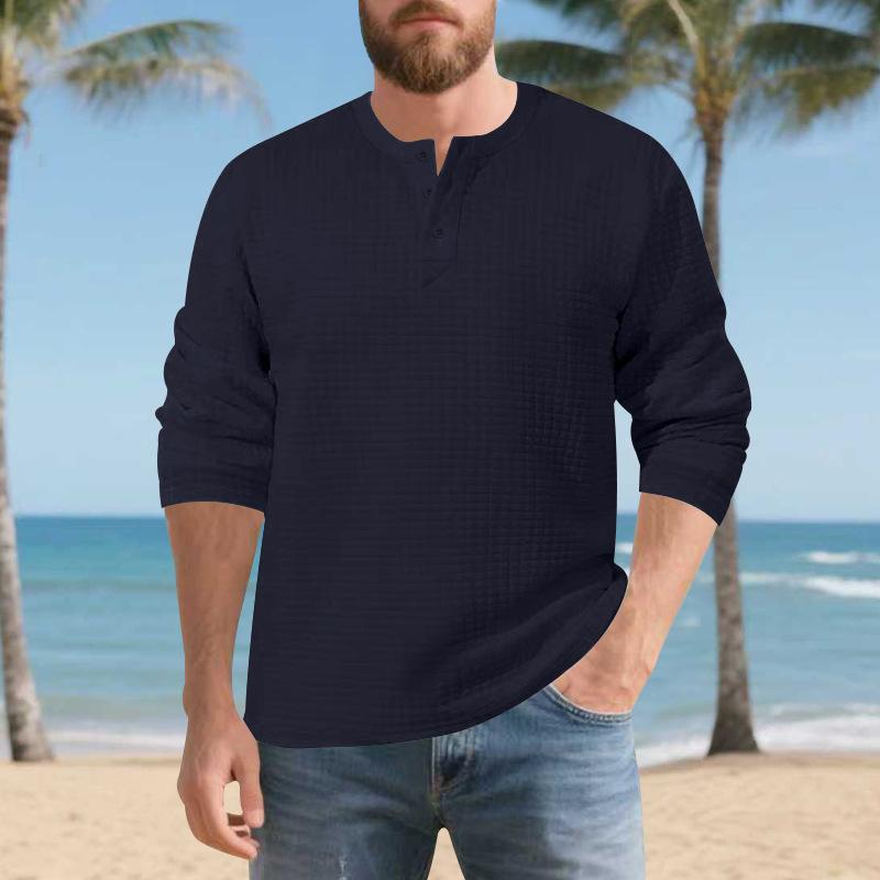 Mens Vintage Buttoned Henley Long Sleeve T Shirt Loose Fit Jacquard Autumn Winter