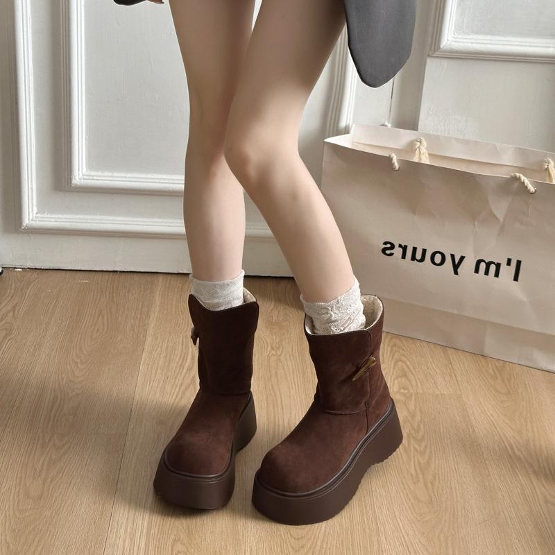 2025 Winter New Round Head Thick Sole Height Increase Two Wear Snow Boots Women's Korean Version Velvet Warm Snow Boots Women's Cotton Shoes