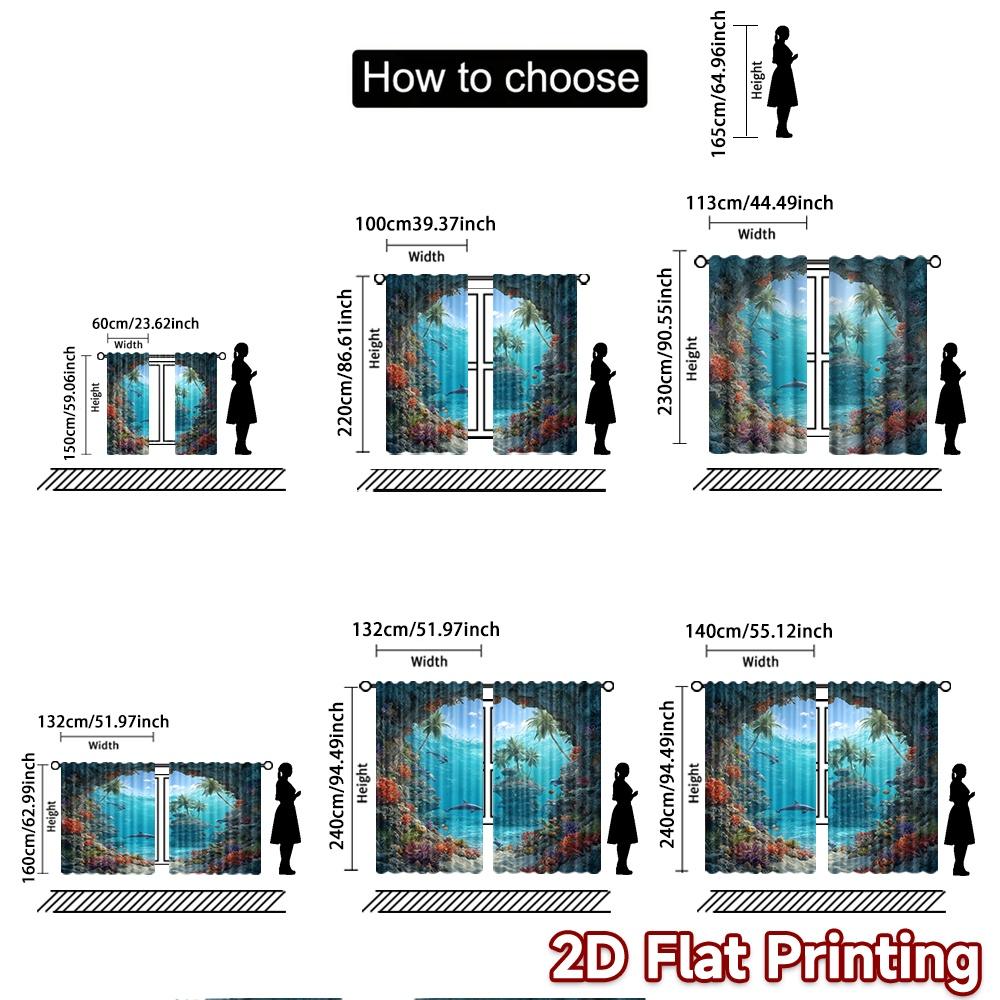 2pcs, 2D FLAT PRINTING Curtains (Without Rod) Ocean Paradise Holiday Curtains Fabric Curtains Decorations Suitable for Living