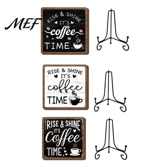 Wooden Coffee Bean Decor Bar Sign with Iron Stand, Vintage Black & White Cafe Desktop Display Stand Wall Art, Rustic Tabletop or Hanging Frame