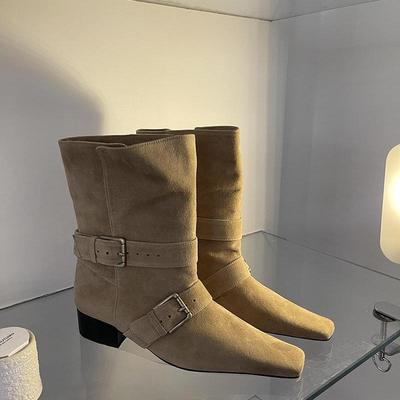 Korean Version Niche Square Head Thick Heel Thin Boots Children 2025 Spring New Suede Belt Buckle Retro Western Short Boots