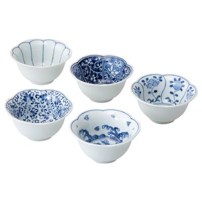 Hasami Ware 5-piece Flower-shaped Small Dish Set with Indigo Pattern, Microwave and Dishwasher Safe, Blue, Product Number 31000