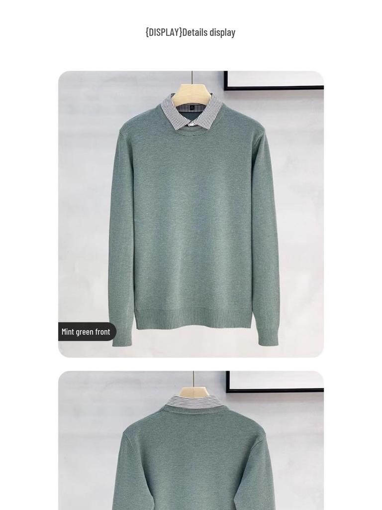 Men's High-End Faux Two-Piece Striped Sweater with Shirt Collar - Versatile Knit Base Layer for Autumn/Winter.
