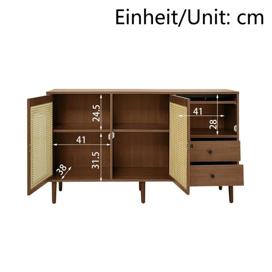 Country Style Sideboard with Rattan Doors, 130 x 75.5 x 40cm Magnetic Lock, Adjustable Shelves, Sturdy Structure, Versatile