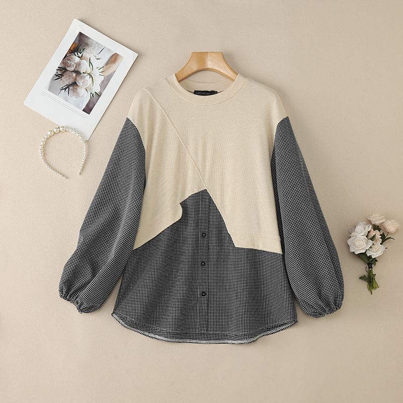 ZANZEA Women Casual Round Neck Long Sleeve Loose Patchwork Blouse