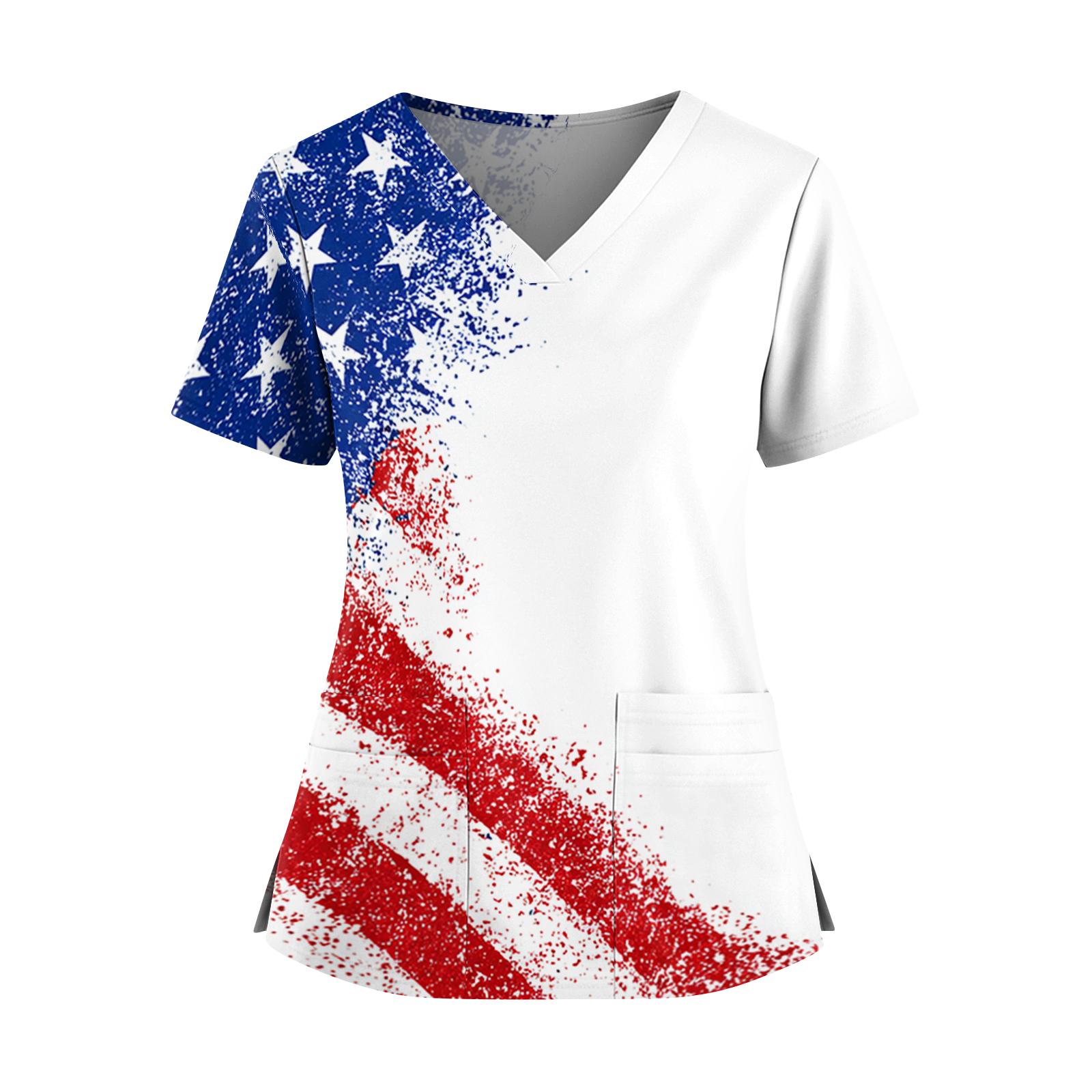 

Women s Independence Day Print V-Neck Double Pocket Short Sleeve Uniform with Slit Hem - Caregiver Top XL білий