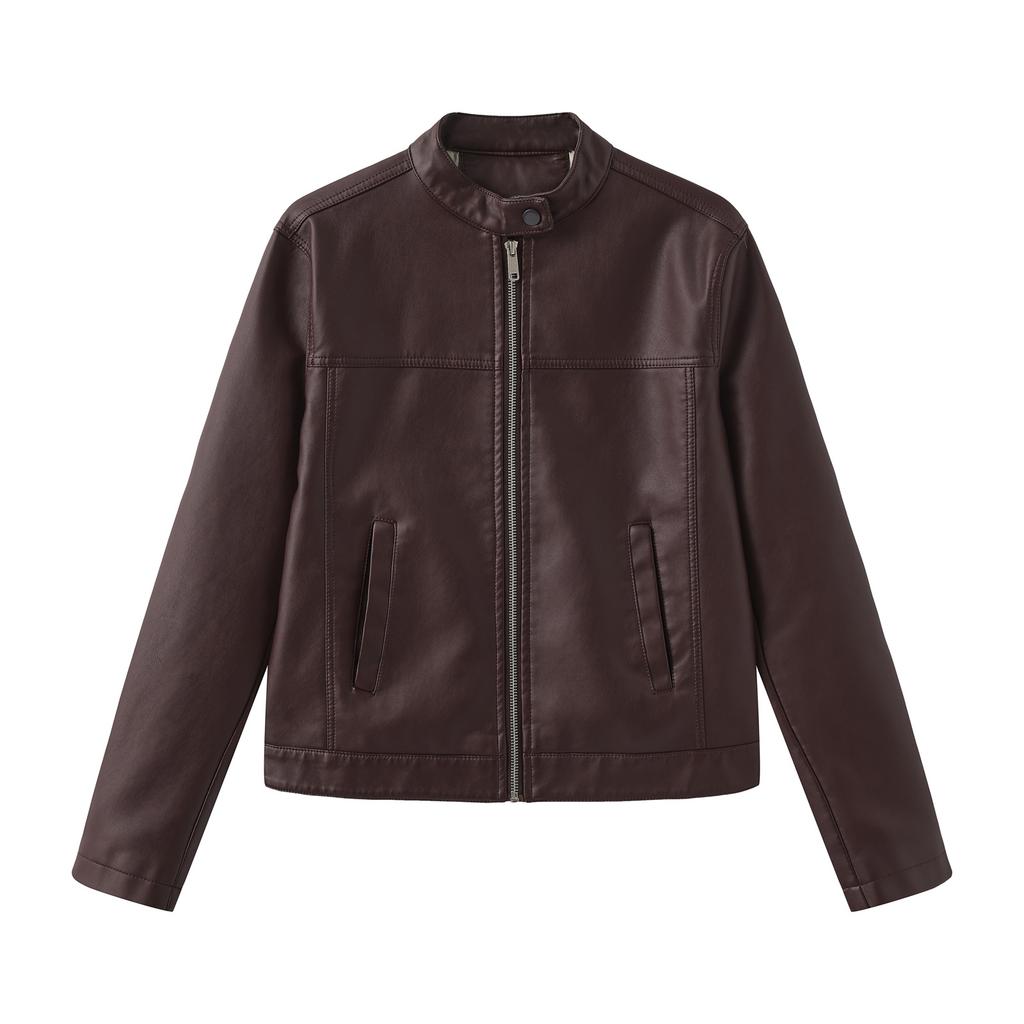 Women's Casual Solid Color Stand Up Collar Long Sleeved Zipper Pocket Jacket Motorcycle Suit Jacket Leather Jacket