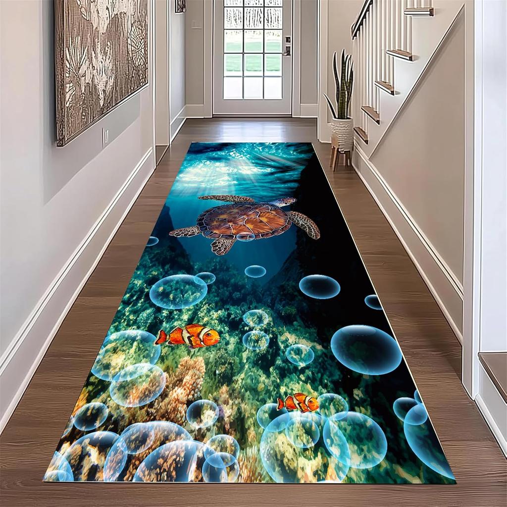 Ocean Theme Runner Rug Turtle Print Home Decor Carpet Absorbent Anti-Slip Hallway Rug for Hallway Living Room Bedroom Kitchen