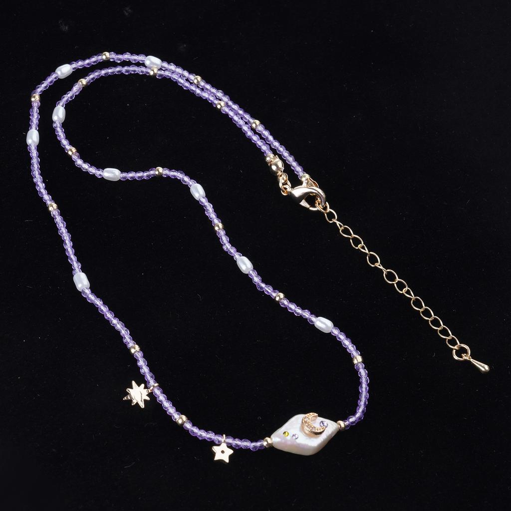 Handmade Moon Star Imitation Pearl Necklace with Zircon Accent for Women Stylish Collarbone Chain Gift Idea