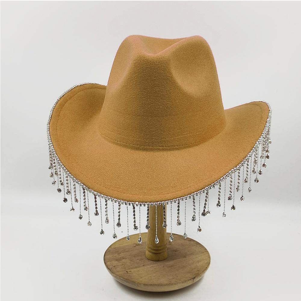 Women Rhinestone Tassel Decor Wide Brim White Fedora Hat For Party Cap Handmade Rhinestone Fringe Cowgirl Hat Wholesale