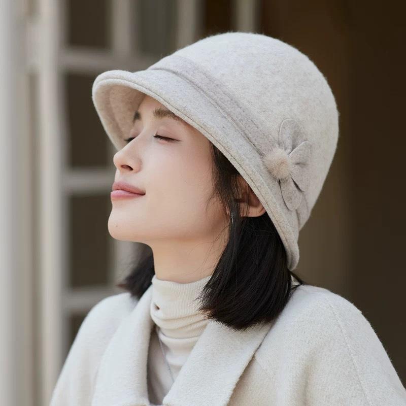 Woolen Bucket Hat Women's Autumn and Winter Warm Elegant British Retro Basin Hat Top Hat Winter Hat for Women
