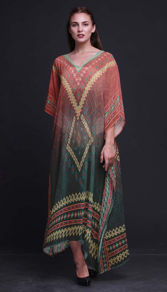 Phagun Aztec Geometric Long Caftan Maxi Dress Beach Swimwear Cover Up Womens