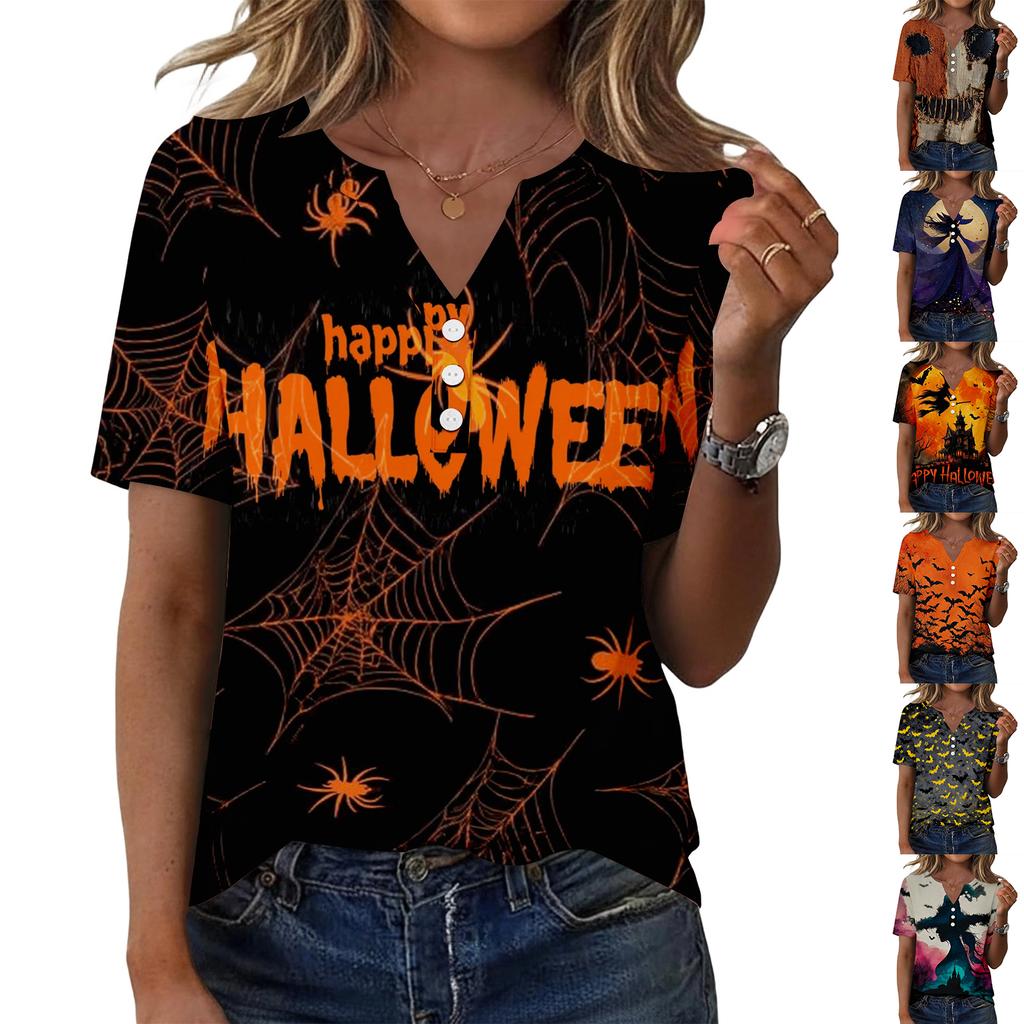 Women's Casual V Neck Button Front Top Halloween Print Short Sleeve Relaxed Fit Blouse Lightweight Breathable Fabric